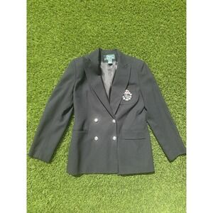 VTG Lauren Ralph Lauren Crested Double Breasted‎ Blazer 6 Black Wool Silver USA